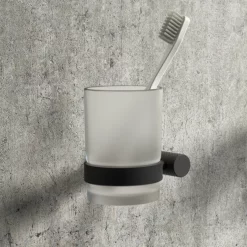 Arezzo Industrial Style Matt Black Round Frosted Glass Tumbler & Holder