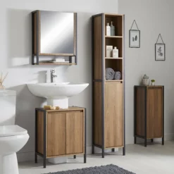 Milan Bathroom Milan Industrial Matt Black Framed Under Basin Cabinet - Wood Effect