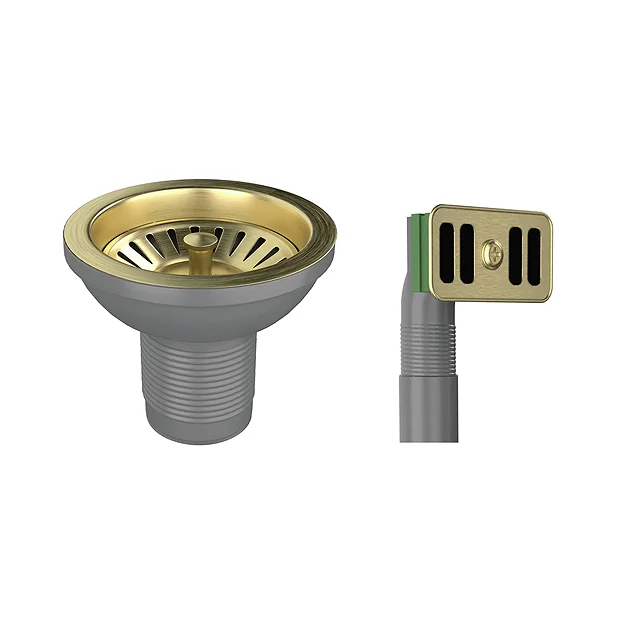 Venice Brushed Brass Basket Strainer Kitchen Sink Waste With Rectangular Overflow Plate 2 Venice Brushed Brass Basket Strainer Kitchen Sink Waste With Rectangular Overflow Plate - Image 2
